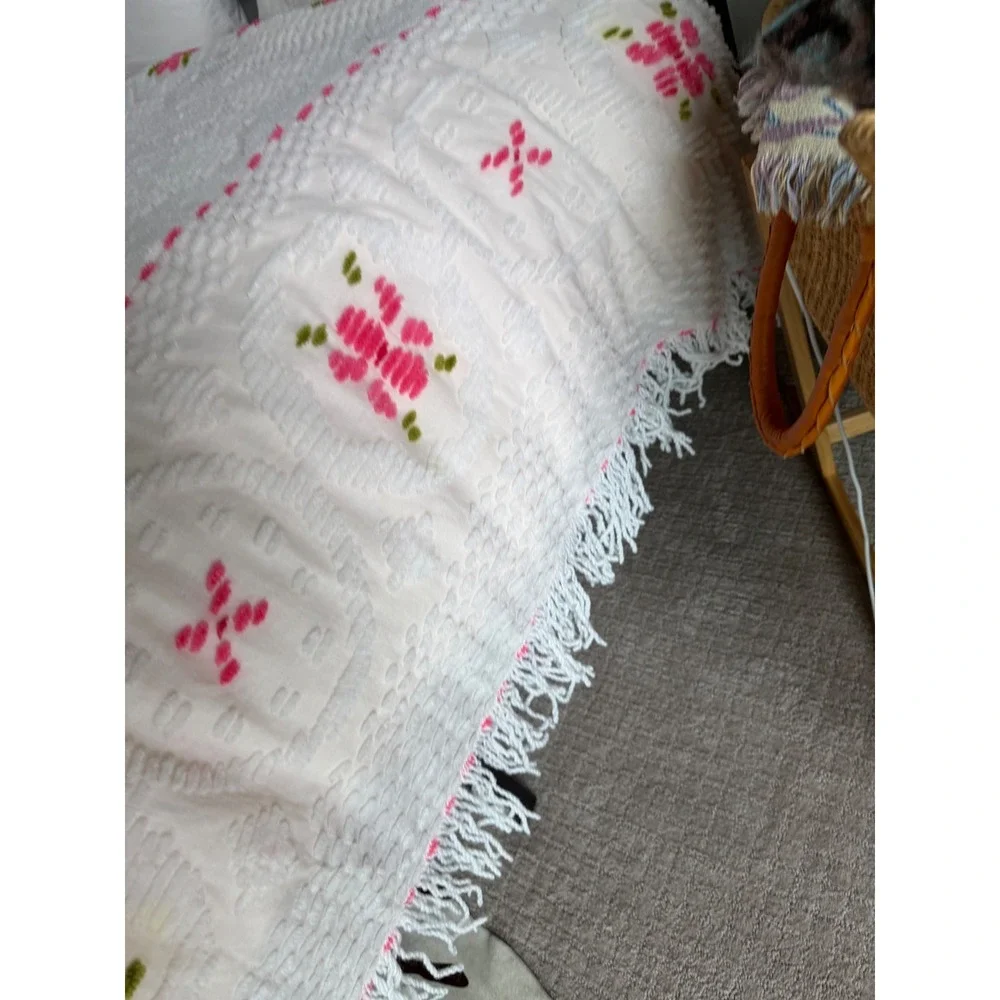Vintage Pink Floral Chenille Bedspread